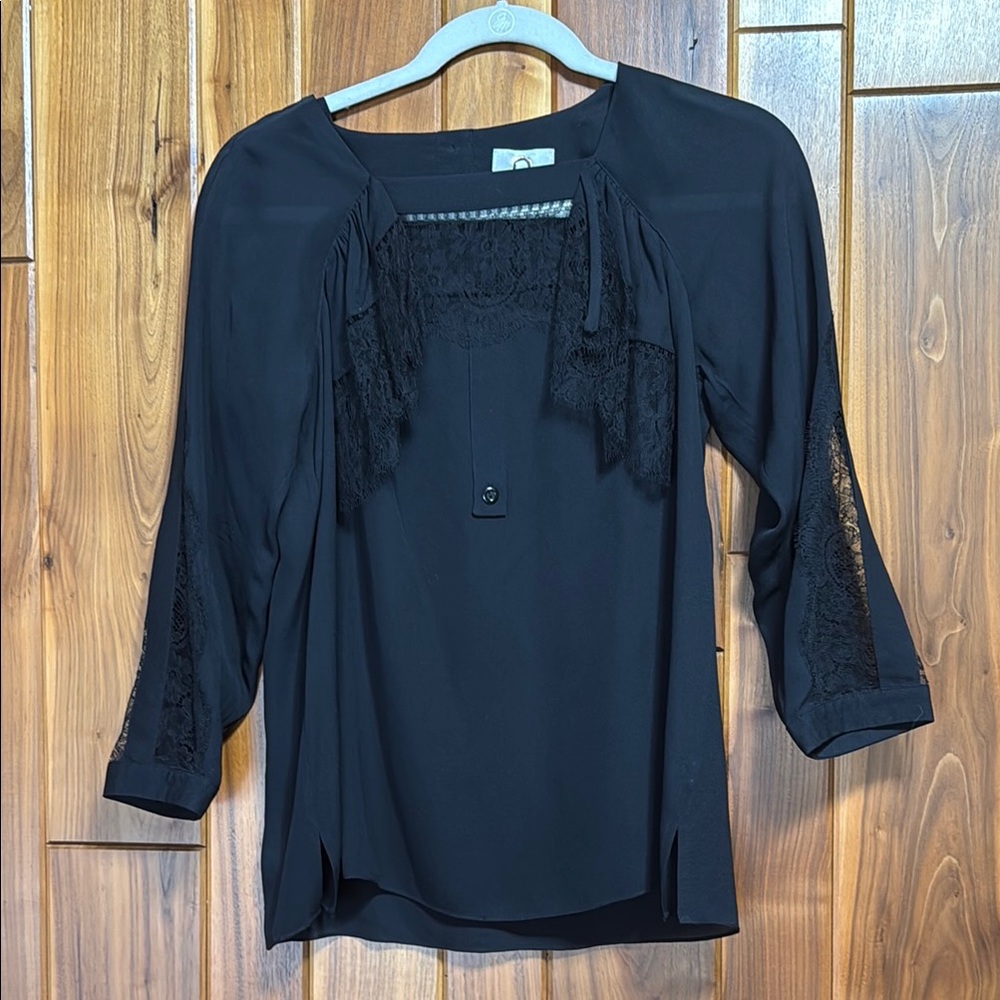 Mayle Black Ruffled 3/4 Sleeve Bib Collar Blouse